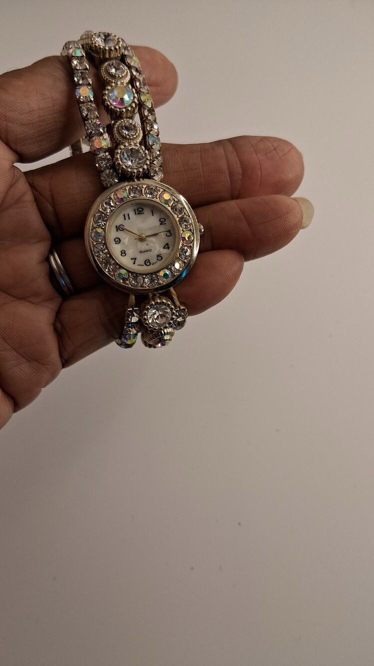 Vintage Style Aurora Borealis Rhinestone Cuff Watch AB Crystal Stretch Bracelet